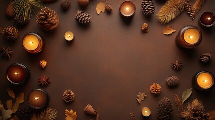 Fototapeta premium A flat lay of earth-toned candles and natural elements arranged on a smooth brown surface, leaving copy space.