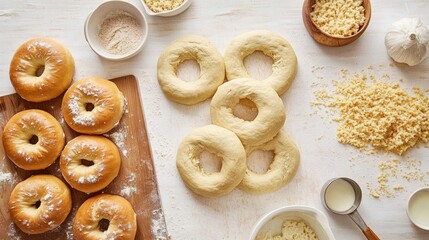 Naklejka premium Homemade bagels baking process, kitchen countertop, ingredients, overhead