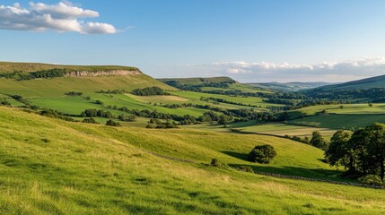 Rolling hills, valley landscape, sunny day, pastoral scene, travel brochure