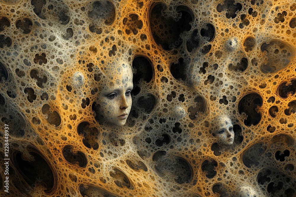 Poster explore a galaxy of fractals where human faces emerge and transform within complex patterns of color