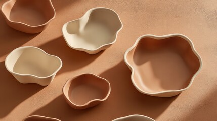 Fototapeta premium A flat lay of neutral earth-toned pottery arranged on a smooth terracotta surface with negative space.