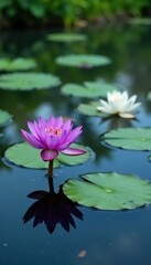 Delicate violet and lily pads float on serene pond waters , watercolor, nature, flowers