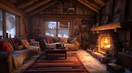 Obraz premium Cozy mountain cabin interior, fire burning, snowy landscape view, winter relaxation