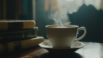 Steam rises from a cup of coffee resting on a saucer near a stack of books.