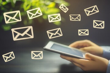 Hands Holding Smartphone with Email Icons and Green Plant in the Background, Symbolizing Communication, Technology, and Modern Connectivity in Everyday Life