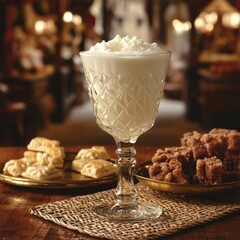 Indulge in Creamy White Dessert in Elegant Glass with Freshly Baked Pastries Cookie Tray Rich Decadent Treat Cozy Atmosphere Perfect for Special Occasions