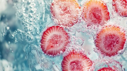 Sliced strawberries splashing in bubbly water, vibrant background