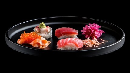 A Japanese sushi platter with fresh fish, wasabi, and pickled ginger, placed on a black plate with clean space around it.
