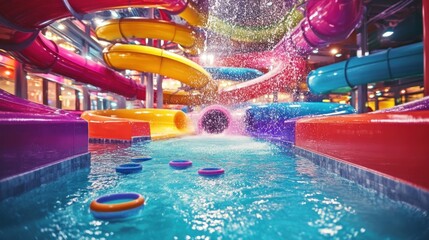 Indoor waterpark fun slides, pool, vibrant, splashing,  family