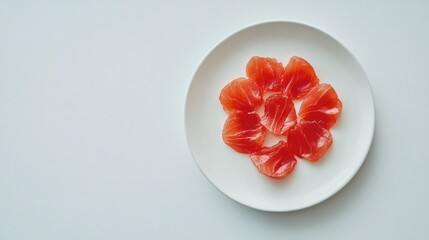 A minimalistic arrangement of fresh sashimi with ginger, on a white plate, surrounded by clean space.
