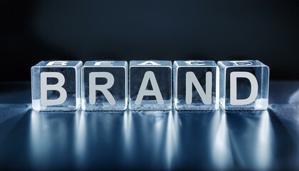 ブランドを意味する英単語のBRANDの文字が書かれた透明なキューブブロックが横に並んでいる。aiで生成	