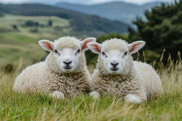 Fototapeta premium Two sheep lying on green grass in a rural field