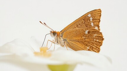 Obraz premium A delicate brown butterfly rests on a white flower, its antennae reaching out.