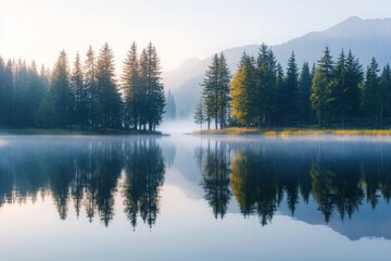 Calm lake surrounded by pine trees with misty mountain view