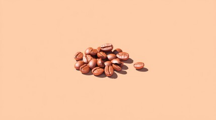A pile of coffee beans on a warm terracotta background with soft shadows and blank space.