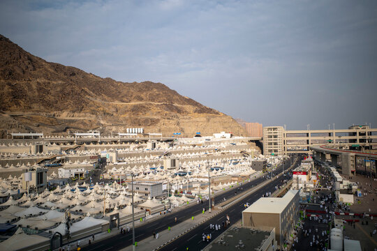 Buldings and tents for pilgrims during stoning ritual in Mina, Saudi Arabia in the Hajj season
