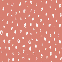 Hand drawn dots on pinky peachy strokes seamless pattern. Abstract hand painted dots, spots, dashes, lines background. Minimal art for wallpaper design, fabric. Vector confetti texture