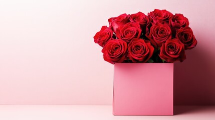 A romantic arrangement of red roses in a box on a pastel background, leaving plenty of empty space for design, no people.