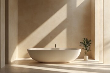 Minimalistic bathroom interior with sunlight and a freestanding bathtub