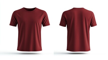 Maroon t-shirt mockup, front and back views, white background, apparel design