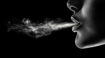 Dramatic close-up of vapor exhaling from human lips, the mist curling against a pitch-black background, frozen mid-motion for maximum texture and depth