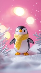 Cute penguin figurine with a radiant scarf stands on icy terrain against a bright pink gradient, with whimsical snowdrifts in the background