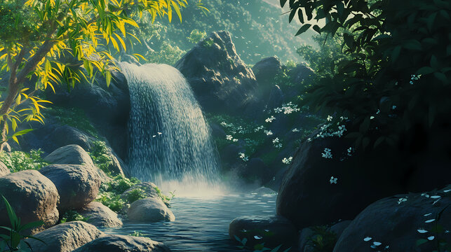 A peaceful waterfall tumbles over rugged stones, embraced by vibrant foliage, creating a serene haven in a beautiful natural landscape filled with tranquility. Waterfall Haven. Illustration