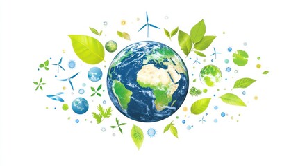 Naklejka premium Green Earth, Sustainable Energy, Global Ecology, White Background, Environmental Campaign
