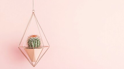 Hanging cactus, geometric planter, pink wall, minimalist decor, home design