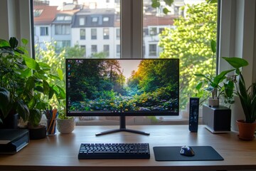 Fototapeta premium Home office desk with plants and laptop in a bright room