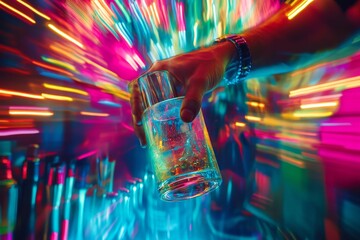 Dynamic neon bar scene with vibrant cocktail