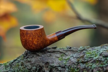 Wooden tobacco pipe resting on moss in a forest during autumn