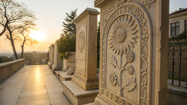 Stone monuments bathed in golden sunset light, row of ornate beige memorial structures with floral carvings lining pathway in historical cemetery. Concept of memorial services, architectural heritage