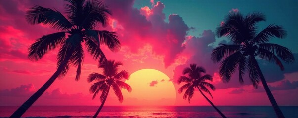 Film grain effect on palm tree silhouettes , sunny day, film grain, island vibe