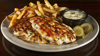 Grilled chicken breast with french fries and sauce.