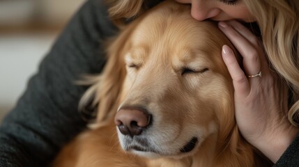 Blonde woman tenderly kissing golden retriever, sharing heartwarming bond of love and companionship inside cozy home environment, closeup view
