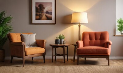 Coffee table and lamp placed in front of a large wooden armchair against the wall , desk chair, floor lamp, quiet reading spot