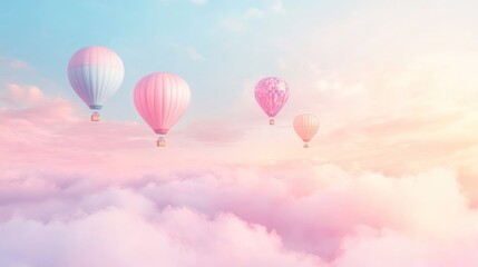 Obraz premium Pastel hot air balloons soar above dreamy clouds at sunrise, ideal for travel posters