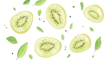 Fototapeta premium Floating Kiwi Slices, Leaves, Peppercorns; White Background; Food Banner