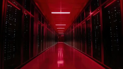 Red-lit server room corridor; data center, night