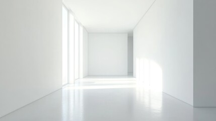 Obraz premium Sunlit white corridor interior, modern architecture, minimalist design, empty space, for real estate