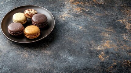 A top view of French macarons in various colors, beautifully arranged on a plate with ample empty space around them.
