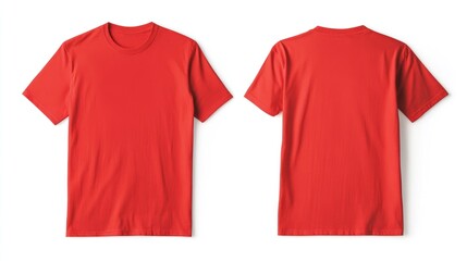 Red t-shirt mockup, front and back, white background, design template