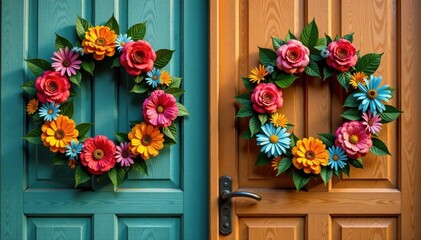Fototapeta premium Floral wreath on wooden door , doors, flowers, wood