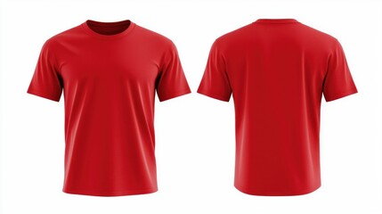 Red T-shirt mockup, front and back views, isolated on white, design template