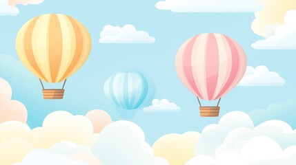 Pastel hot air balloons soar above fluffy clouds, sunny sky; children's book illustration