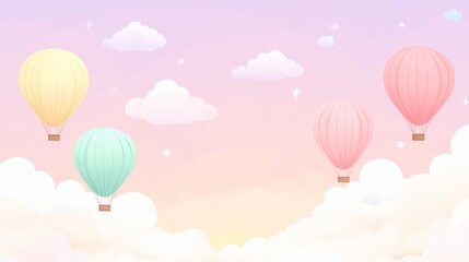 Obraz premium Pastel hot air balloons floating amidst sunset clouds