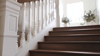 Elegant wooden staircase, hallway, bright, interior, home, design, architecture, real estate, ascent, lifestyle
