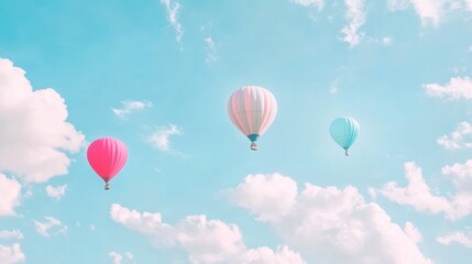 Naklejka premium Pastel hot air balloons soar amidst fluffy clouds, idyllic sky, travel poster