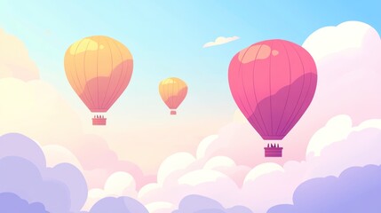 Obraz premium Hot air balloons soaring above fluffy clouds at sunrise, idyllic travel scene